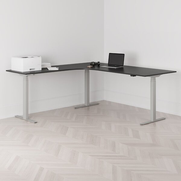 Höj och sänkbart hörnskrivbord, vänstersvängt, grått stativ, svart bordsskiva 200x200cm