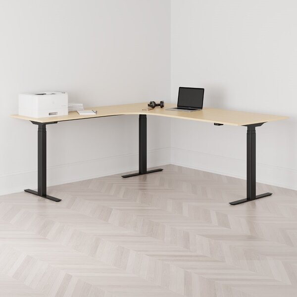 Höj och sänkbart hörnskrivbord, vänstersvängt, svart stativ, björk bordsskiva 200x200cm
