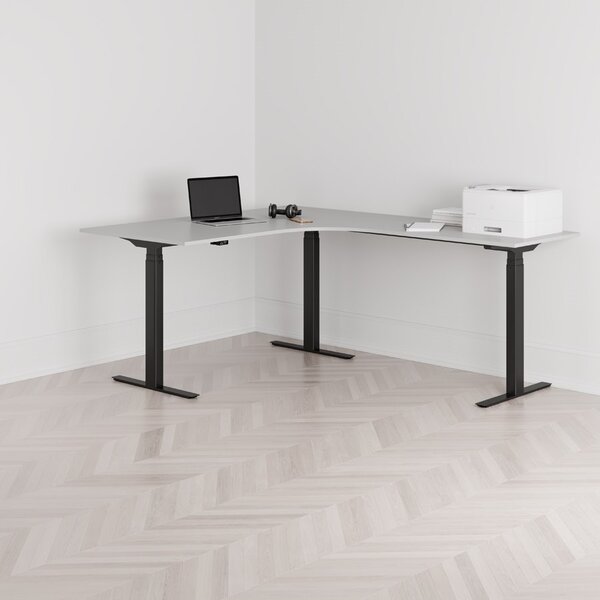 Höj och sänkbart hörnskrivbord, högersvängt, svart stativ, grå bordsskiva 160x200cm