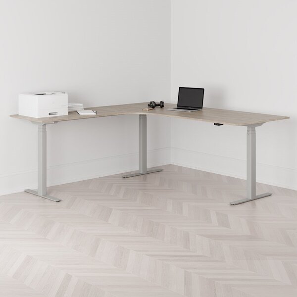Höj och sänkbart hörnskrivbord, vänstersvängt, grått stativ, ek bordsskiva 200x200cm