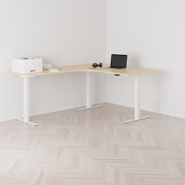 Höj och sänkbart hörnskrivbord, vänstersvängt, vitt stativ, björk bordsskiva 160x200cm