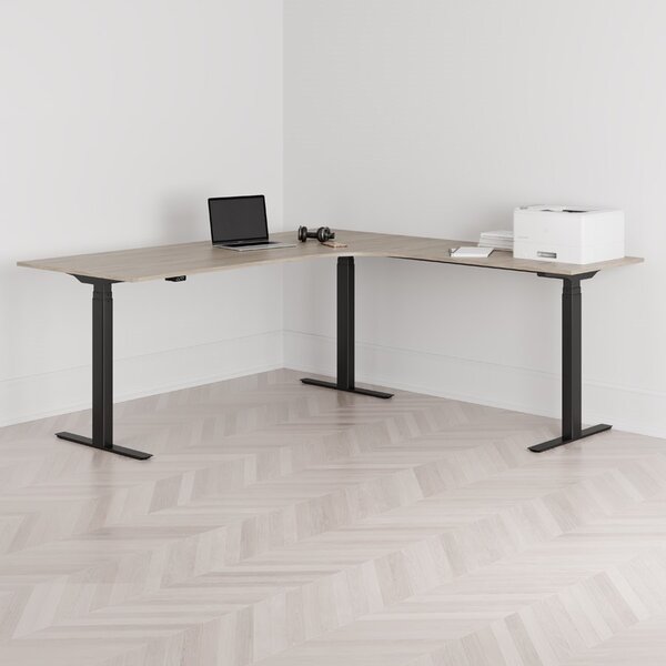 Höj och sänkbart hörnskrivbord, högersvängt, svart stativ, ek bordsskiva 200x200cm