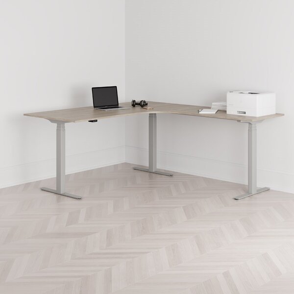 Höj och sänkbart hörnskrivbord, högersvängt, grått stativ, ek bordsskiva 180x200cm