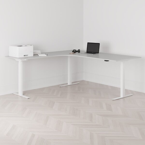 Höj och sänkbart hörnskrivbord, vänstersvängt, vitt stativ, grå bordsskiva 200x200cm
