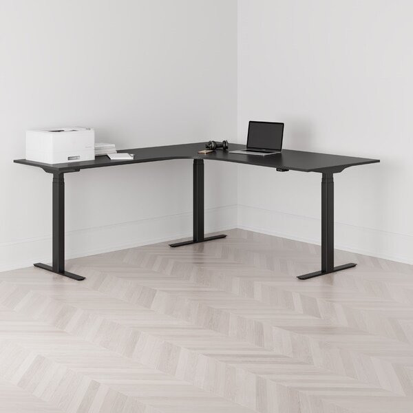 Höj och sänkbart hörnskrivbord, vänstersvängt, svart stativ, svart bordsskiva 180x200cm