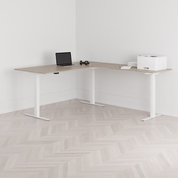 Höj och sänkbart hörnskrivbord, högersvängt, vitt stativ, ek bordsskiva 180x200cm