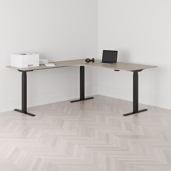 Höj och sänkbart hörnskrivbord, vänstersvängt, svart stativ, ek bordsskiva 180x200cm