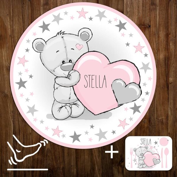 Lekmatta – puderfärgad teddybjörn med stjärnor och ett namn