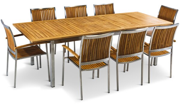 Förlängningsbart bord 200-250cm | 8 stolar | Rostfritt stål och teak