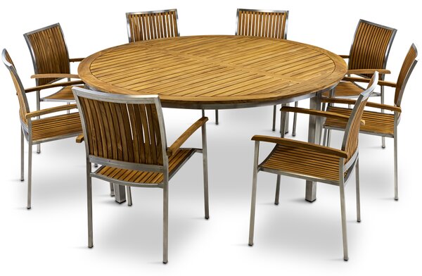 Stor rund trädgårdsgrupp i teak och rostfritt stål | Bord + 8 stolar