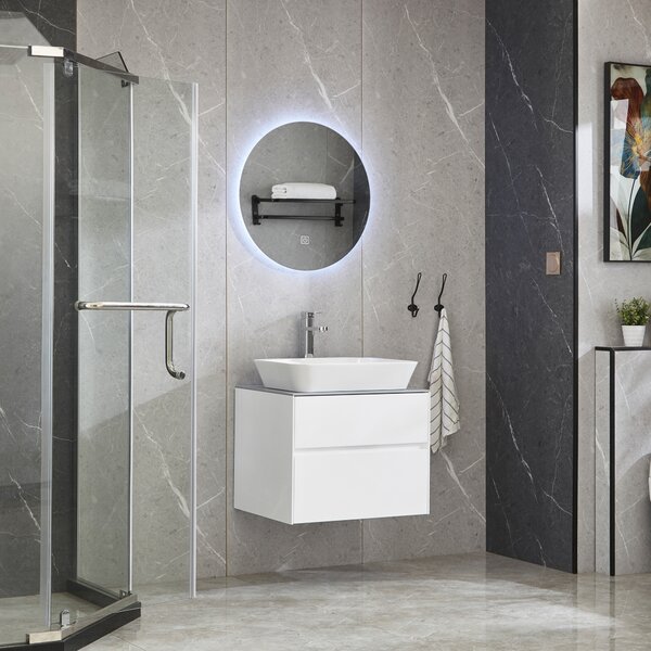 Kommod med rund tvättskål + badrumsspegel med LED-belysning och touch funktioner-60cm