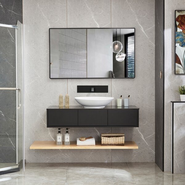 Badrumspaket | Tvättställskåp med bänkskiva i marmor med stort handfat, hylla, med spegel