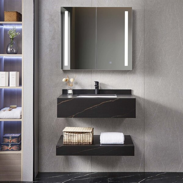 Badrumspaket - Handfat, hylla och LED-spegelskåp - Svart