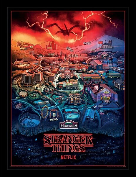 Inramad poster Stranger Things - Hawkins Town