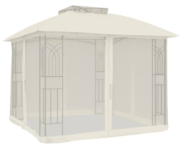 Paviljong med dubbelt tak & nätväggar gräddvit 2,94x2,94 m stål