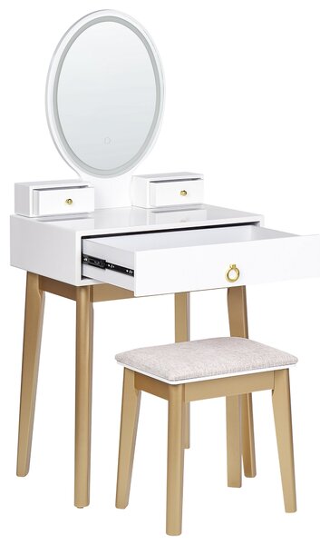 Sminkbord Vit och Guld MDF 3 Lådor LED Spegel Pall Vardagsrumsmöbler Glam Design Sovrum Beliani