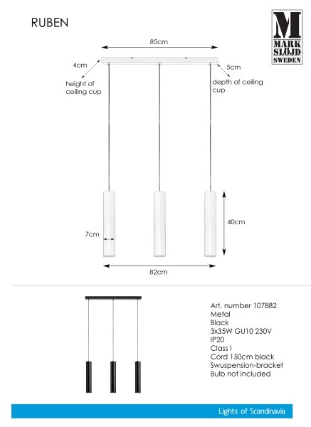 Markslöjd 107882 - Ljuskrona med snöre RUBEN 3xGU10/35W/230V