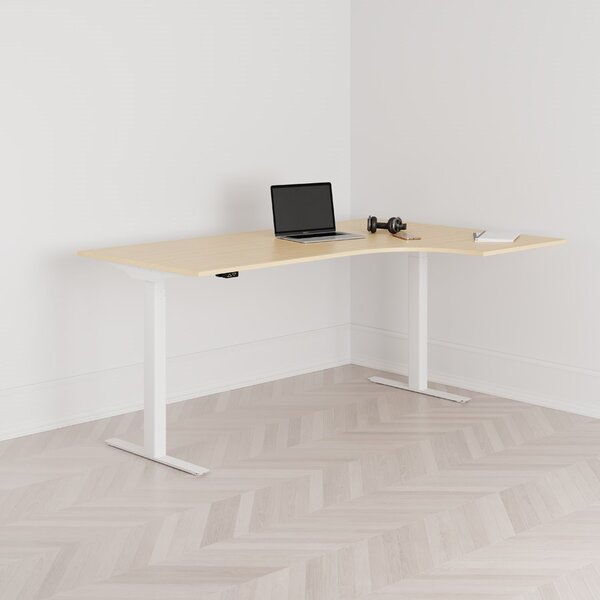 Höj och sänkbart svängt skrivbord, 2-motorigt, högersvängt, vitt stativ, björk bordsskiva 180x120cm