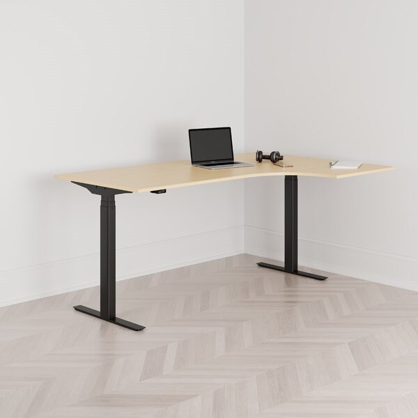 Höj och sänkbart svängt skrivbord, 2-motorigt, högersvängt, svart stativ, björk bordsskiva 180x120cm
