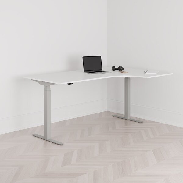 Höj och sänkbart svängt skrivbord, 2-motorigt, högersvängt, grått stativ, vit bordsskiva 180x120cm