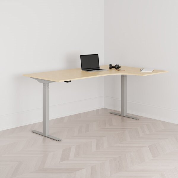Höj och sänkbart svängt skrivbord, 2-motorigt, högersvängt, grått stativ, björk bordsskiva 180x120cm