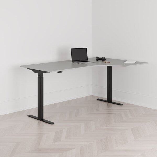 Höj och sänkbart svängt skrivbord, 2-motorigt, högersvängt, svart stativ, grå bordsskiva 180x120cm