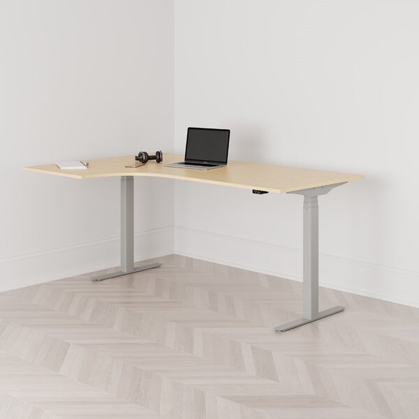 Höj och sänkbart svängt skrivbord, 2-motorigt, vänstersvängt, grått stativ, björk bordsskiva 180x120cm