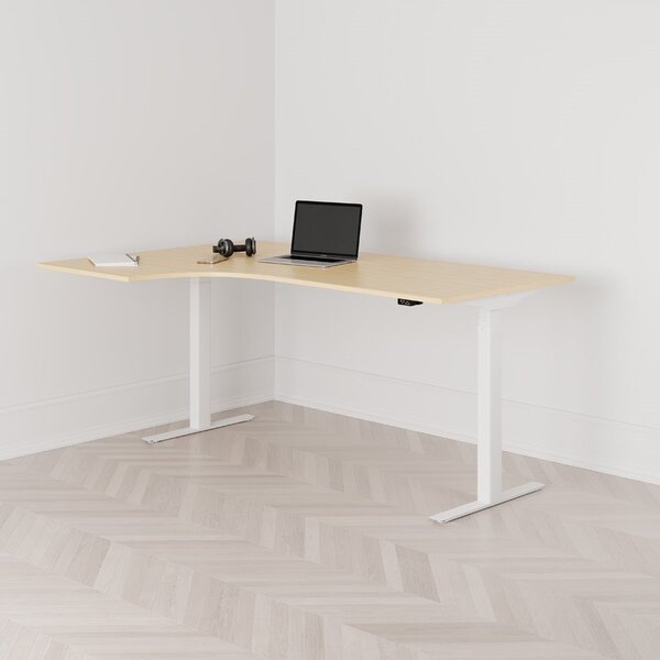 Höj och sänkbart svängt skrivbord, 2-motorigt, vänstersvängt, vitt stativ, björk bordsskiva 180x120cm