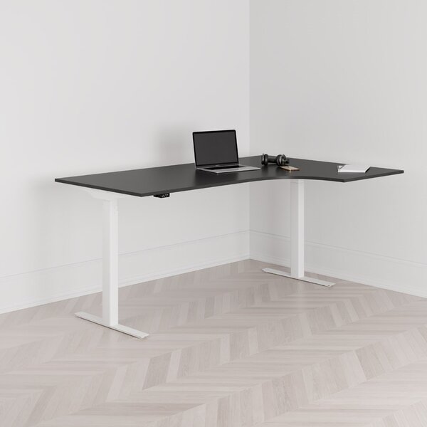 Höj och sänkbart svängt skrivbord, 2-motorigt, högersvängt, vitt stativ, svart bordsskiva 180x120cm