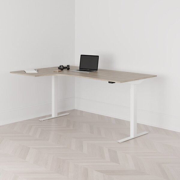 Höj och sänkbart svängt skrivbord, 2-motorigt, vänstersvängt, vitt stativ, ek bordsskiva 180x120cm