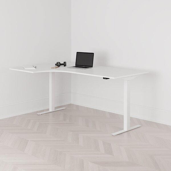 Höj och sänkbart svängt skrivbord, 2-motorigt, vänstersvängt, vitt stativ, vit bordsskiva 180x120cm