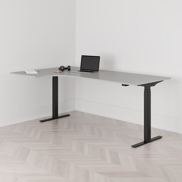 Höj och sänkbart svängt skrivbord, 2-motorigt, vänstersvängt, svart stativ, grå bordsskiva 200x120cm