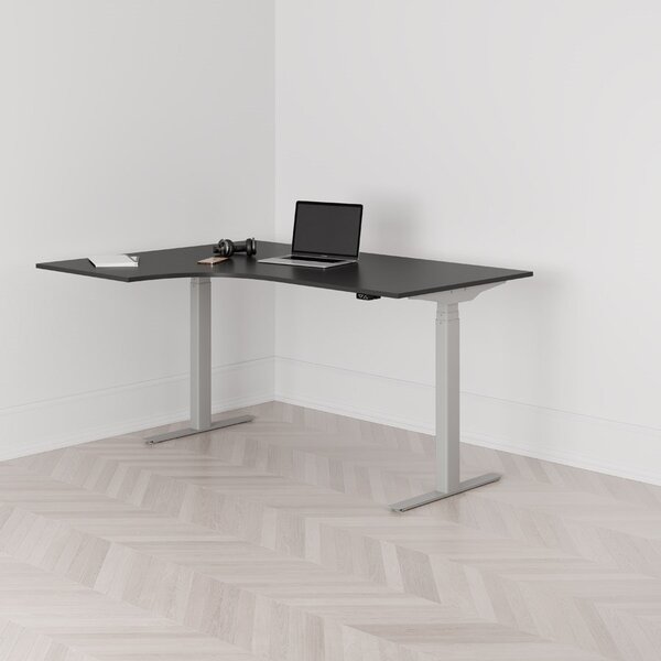 Höj och sänkbart svängt skrivbord, 2-motorigt, vänstersvängt, grått stativ, svart bordsskiva 160x120cm