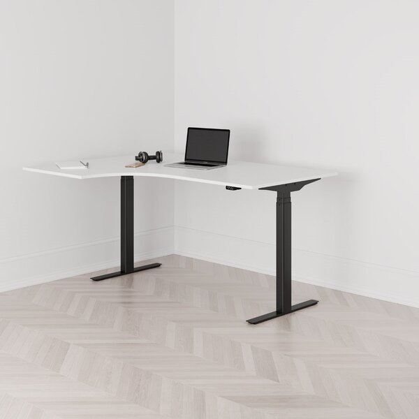 Höj och sänkbart svängt skrivbord, 2-motorigt, vänstersvängt, svart stativ, vit bordsskiva 160x120cm