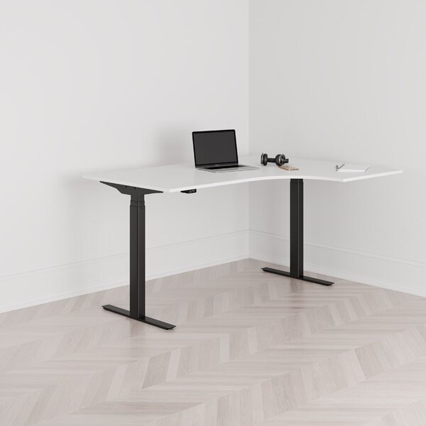 Höj och sänkbart svängt skrivbord, 2-motorigt, högersvängt, svart stativ, vit bordsskiva 160x120cm