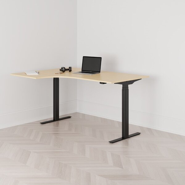 Höj och sänkbart svängt skrivbord, 2-motorigt, vänstersvängt, svart stativ, björk bordsskiva 160x120cm