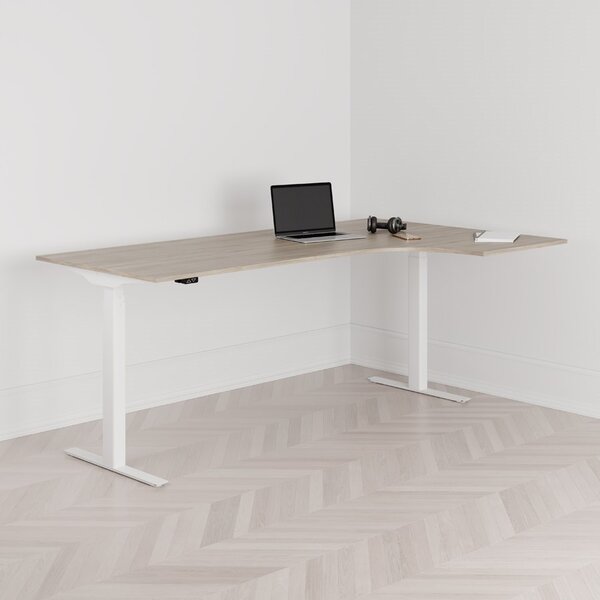 Höj och sänkbart svängt skrivbord, 2-motorigt, högersvängt, vitt stativ, ek bordsskiva 200x120cm