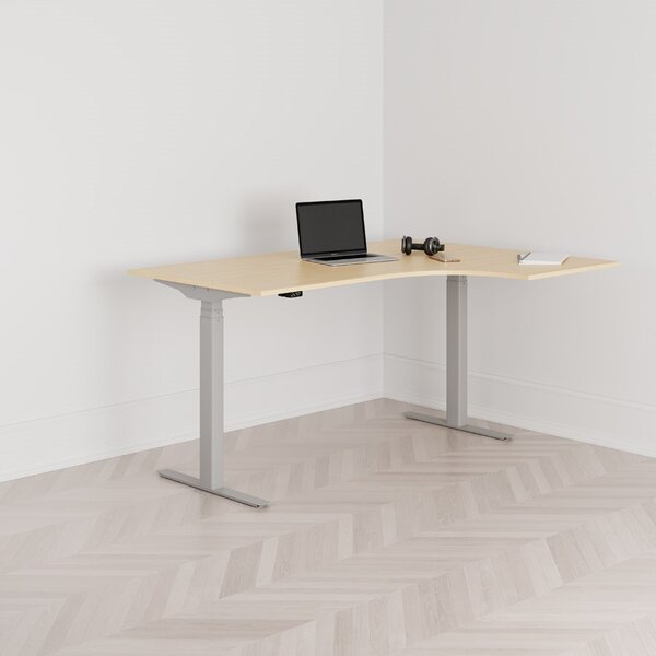 Höj och sänkbart svängt skrivbord, 2-motorigt, högersvängt, grått stativ, björk bordsskiva 160x120cm