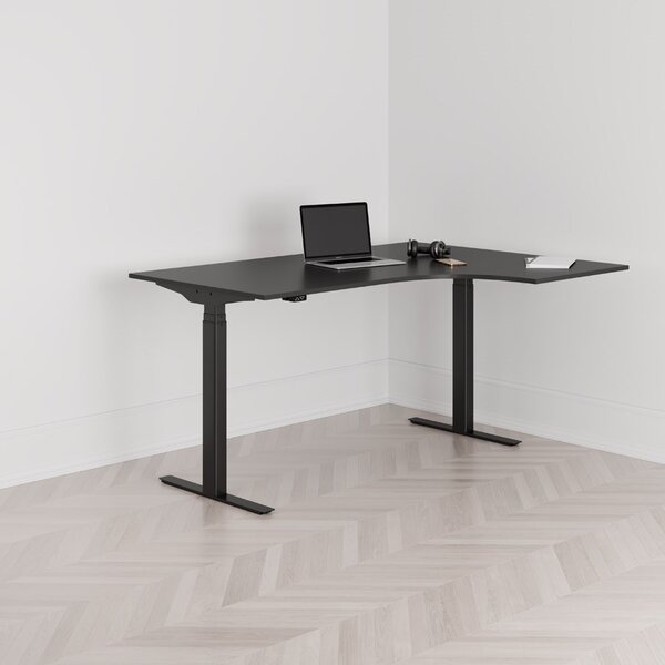 Höj och sänkbart svängt skrivbord, 2-motorigt, högersvängt, svart stativ, svart bordsskiva 160x120cm