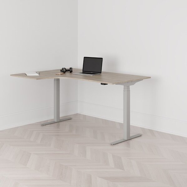 Höj och sänkbart svängt skrivbord, 2-motorigt, vänstersvängt, grått stativ, ek bordsskiva 160x120cm