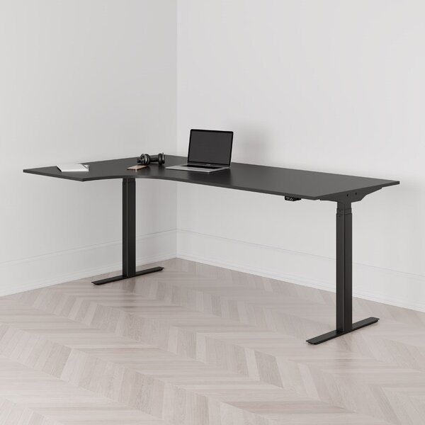 Höj och sänkbart svängt skrivbord, 2-motorigt, vänstersvängt, svart stativ, svart bordsskiva 200x120cm