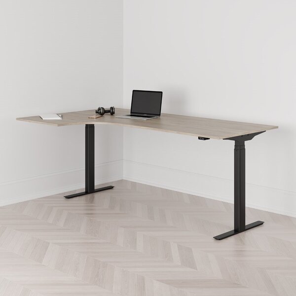 Höj och sänkbart svängt skrivbord, 2-motorigt, vänstersvängt, svart stativ, ek bordsskiva 200x120cm