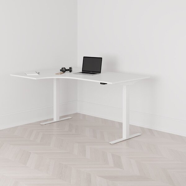 Höj och sänkbart svängt skrivbord, 2-motorigt, vänstersvängt, vitt stativ, vit bordsskiva 160x120cm
