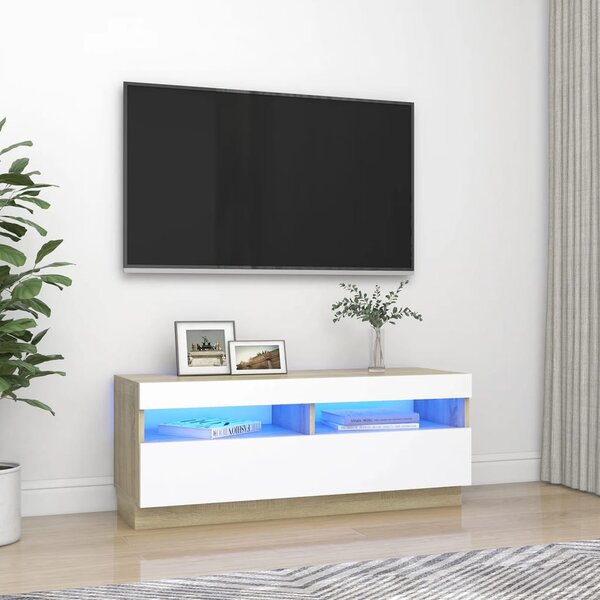 TV-bänk med LED-belysning vit och sonoma-ek 100x35x40 cm