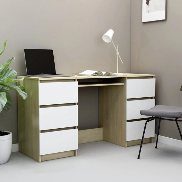 Skrivbord vit och sonama-ek 140x50x77 cm konstruerat trä