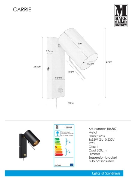 Markslöjd 106587 - Dimbar Väggbelysning CARRIE 1xGU10/35W/230V svart