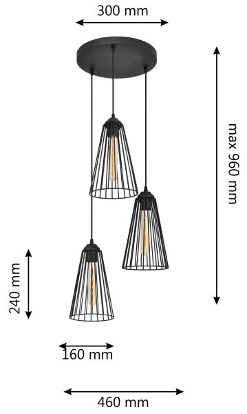 Ljuskrona med textilsladd TORRI 3xE27/15W/230V svart