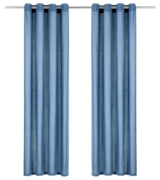 Gardiner med metallringar 2 st bomull 140x245 cm blå