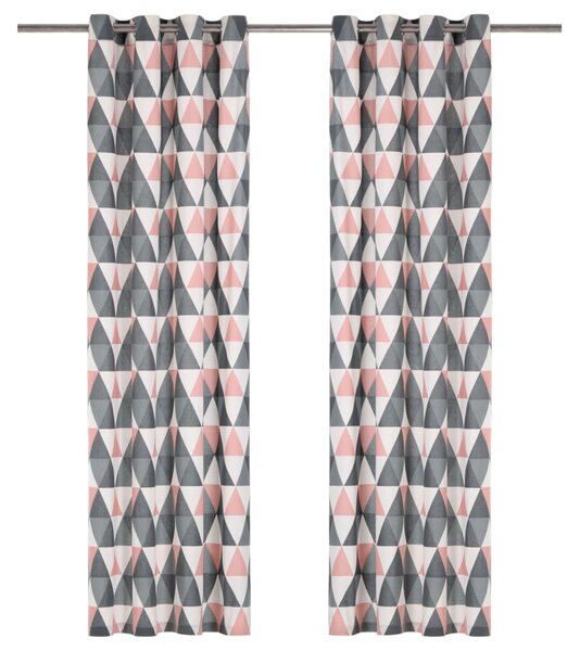 Gardiner med metallringar 2 st bomull 140x175 cm grå och rosa