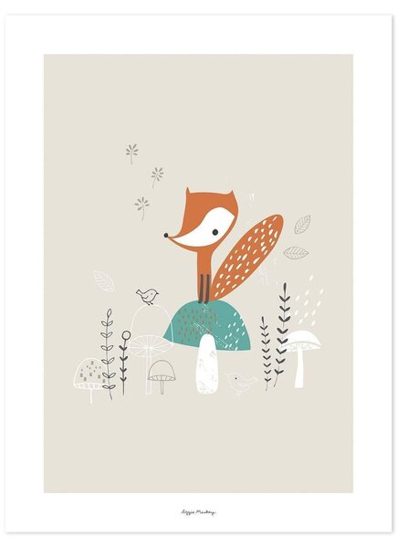 Woodland Fox & Mushrooms Poster - 30x40 cm
